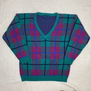 Vintage L-Simsbury V-Neck Pastel Checkers Sweater: Size Small